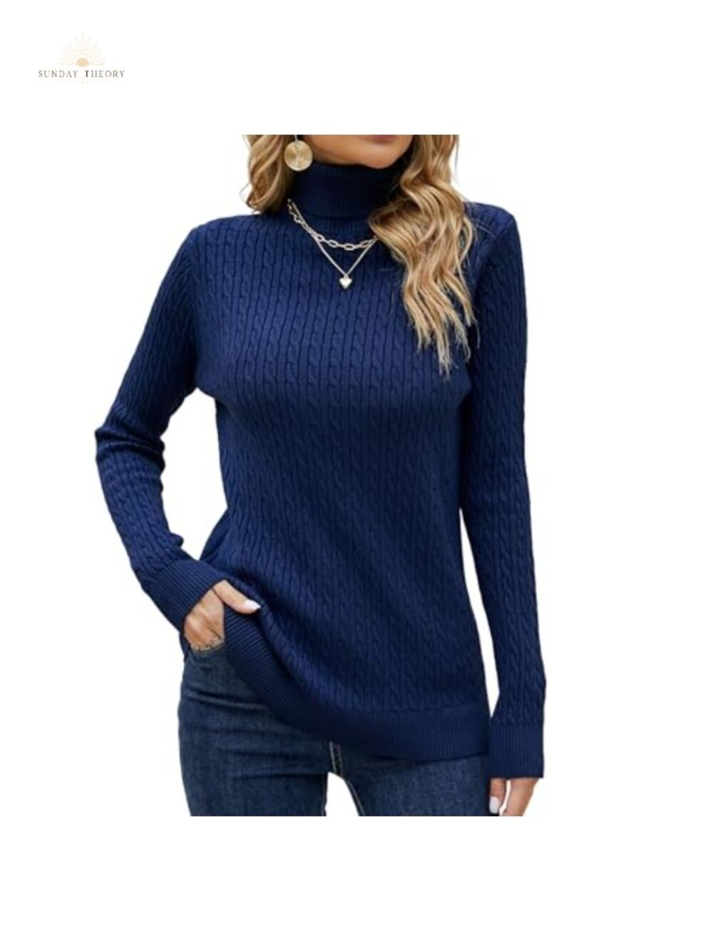 Cable Knit Turtleneck Sweater Long Sleeve Pullover Viscose Blend